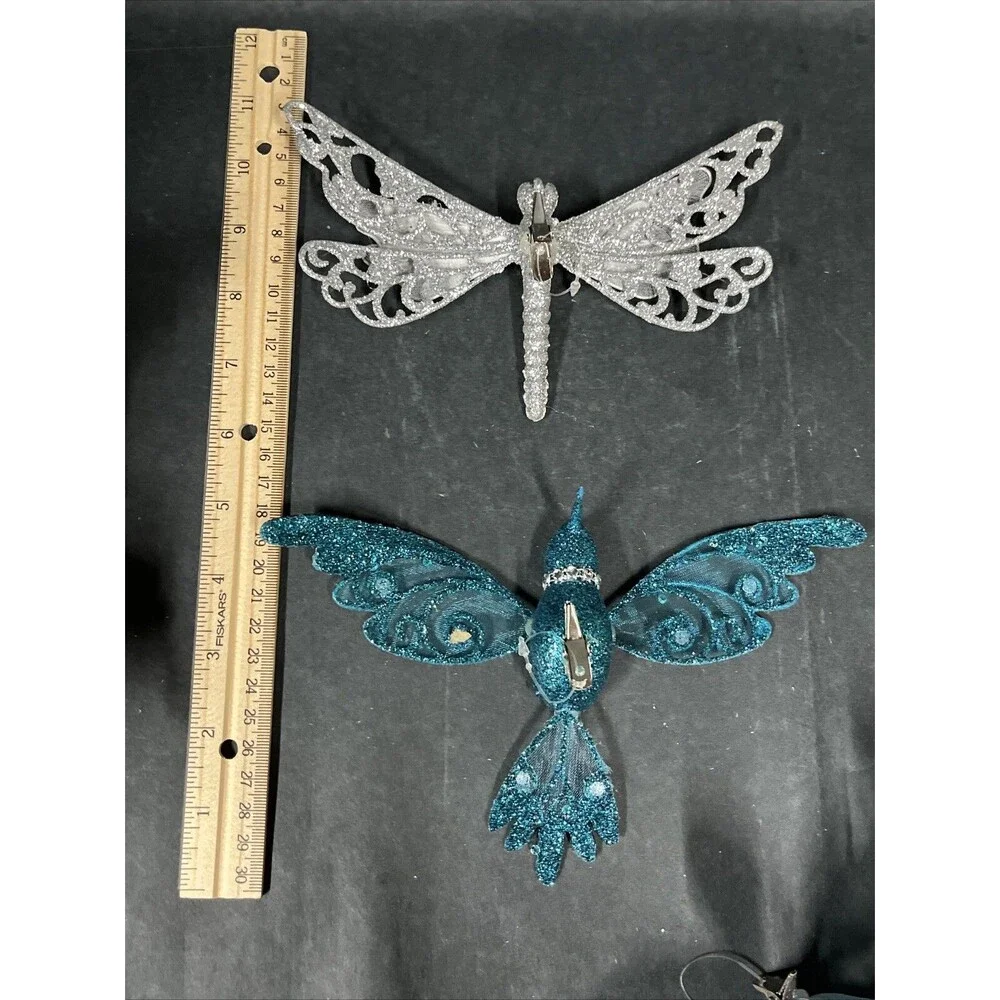 12 Silver/Blue Glittered Christmas Ornaments:Butterflies‎ Dragonfly Bird Flowers